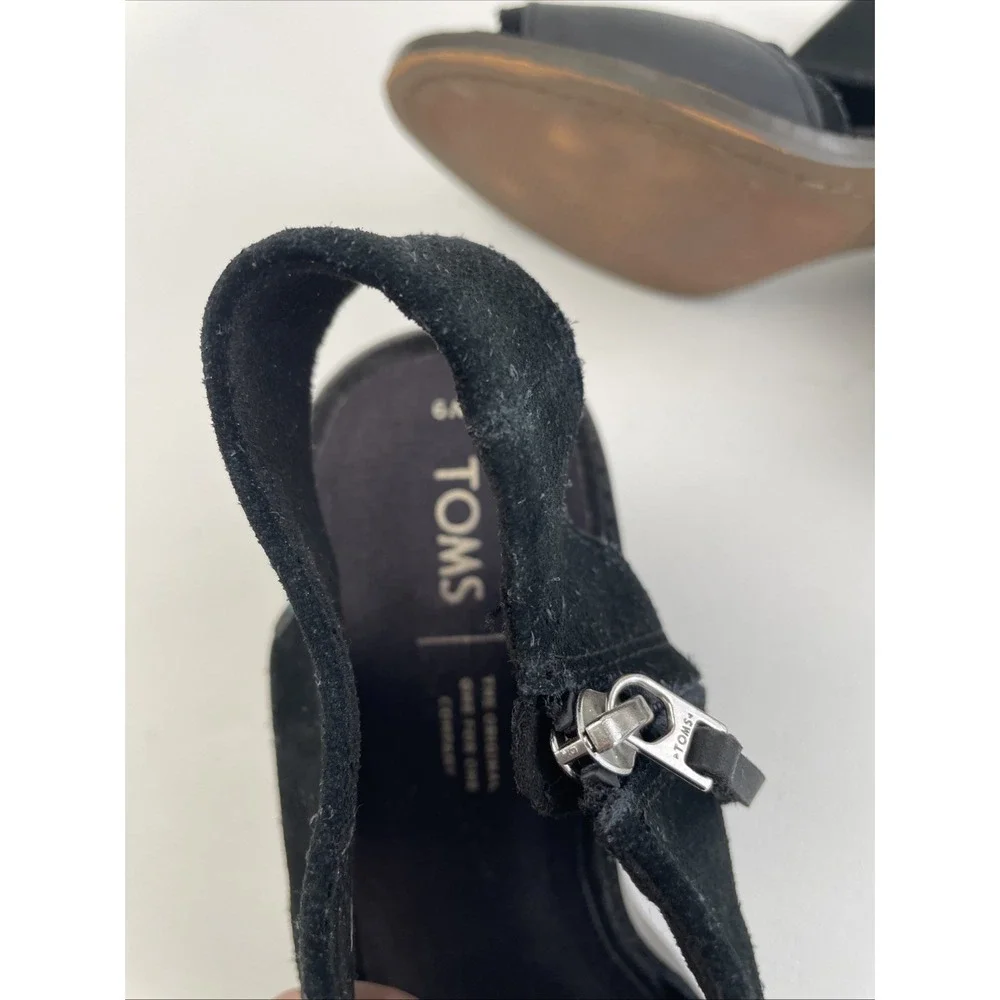 Toms Women's Sandals Size 9W Black Majorca‎ Block Ankle Leather Heels Leather